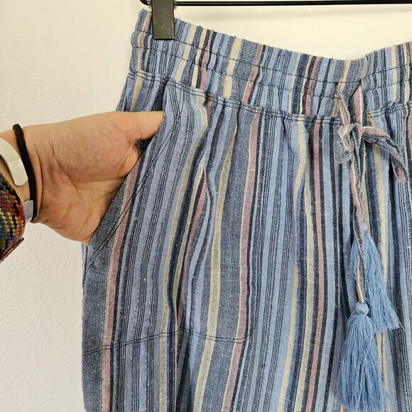 Mododoc Wide Leg Ankle Length Pull On Pants XS Blue Stripe Raw Hem Lagenlook - Picture 4 of 7